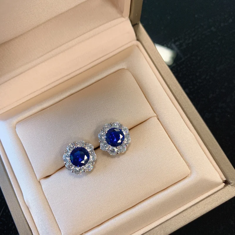 S925 Silver Jewelry Imitation Red Sapphire Denier Ring Ear Stud Pendant Three-Piece Set Main Stone 7mm