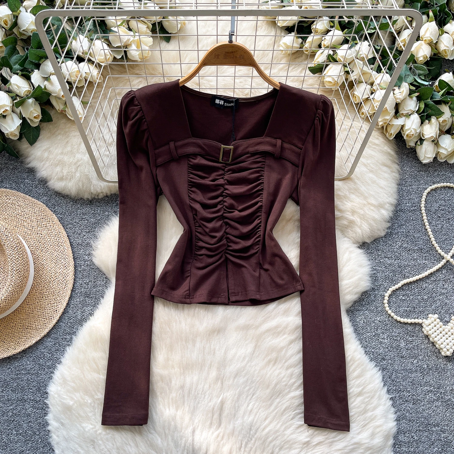 

Sexy square neck pleated long sleeve slim Tanks Camis Chic Women Party Top Y2k High Street women clothing