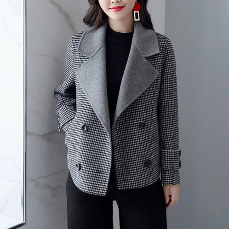 2024 Autumn New Check Plaid Wool & Blend Women\'s Blazers Tweed Clothing Female Coats and Jackets Gray Outerwear Tailoring In