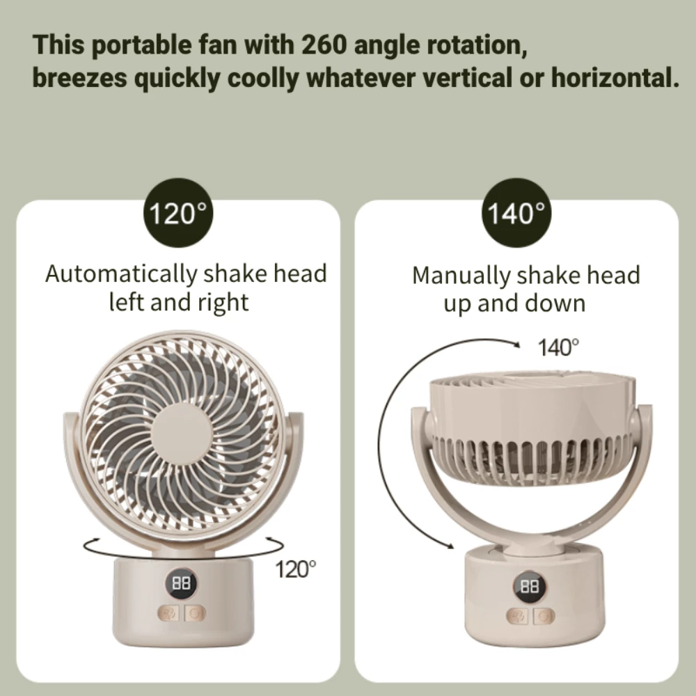 مروحة تخييم قابلة لإعادة الشحن لسطح المكتب، محمولة، شاشة رقمية، مروحة كهربائية 360 درجة °   مراوح واقفة للرأس قابلة للدوران مع حامل ثلاثي القوائم