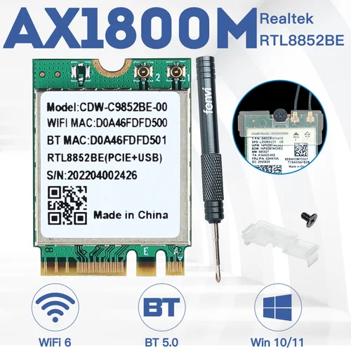 Tarjeta de red Wifi 6 Realtek RTL8852BE, 1800Mbps BT 5,0, adaptador Wi-Fi inalámbrico de doble banda 802.11ac/ax 2,4G/5Ghz MU-MIMO para Win 10