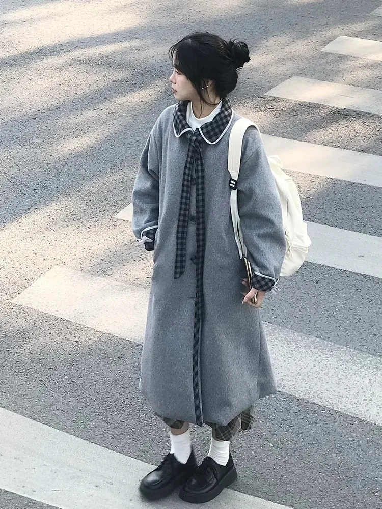 

Korean Sle Thiened Woolen Coat Women's Winter Loose Sle Doll Collar Knot Large Coat Slimming Vintage Design