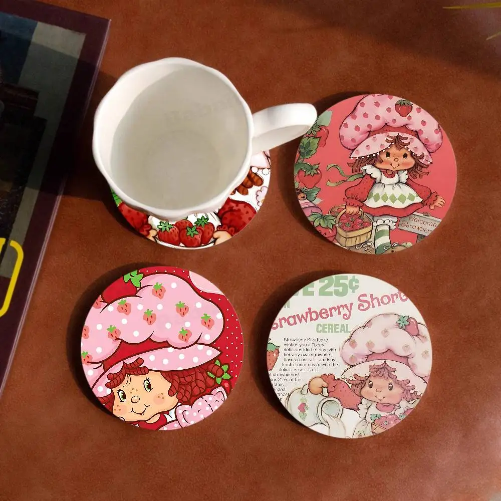Animated Strawberry Shortcake pattern art painted wooden anti-slip coasters, suitable for decoration of living room kitchenware