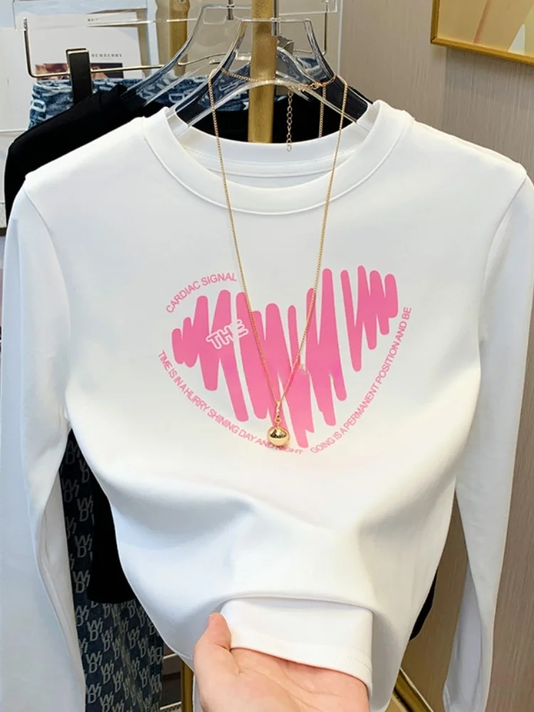 White Long Sve Printed Heart Women's Base irt Inner Wear T-irt Korean Sle Commute Faion Pure Cotton  Knot