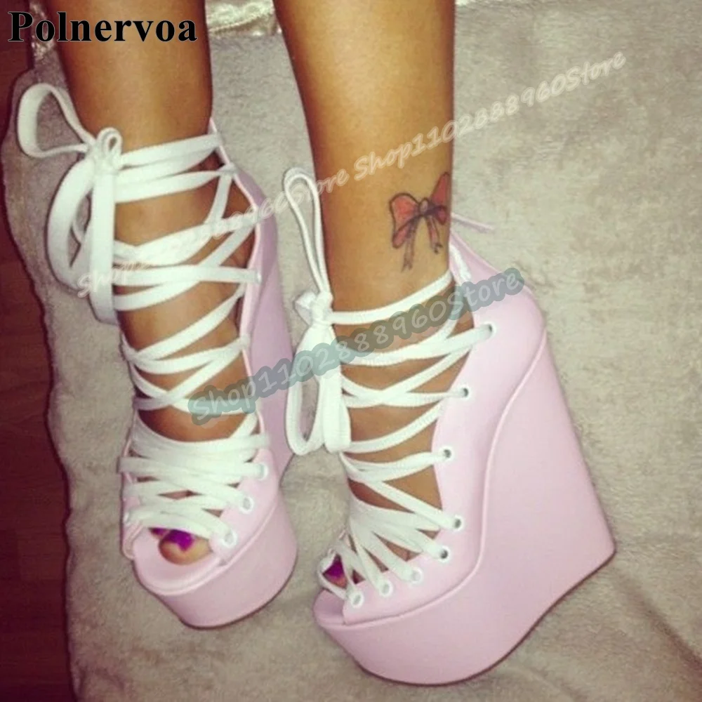 

Cross Tied Pink Glossy Leather Platform Sandals Wedges High Heel Women Shoes Back Zipper Peep Toe Casual Party Stylish Sandals