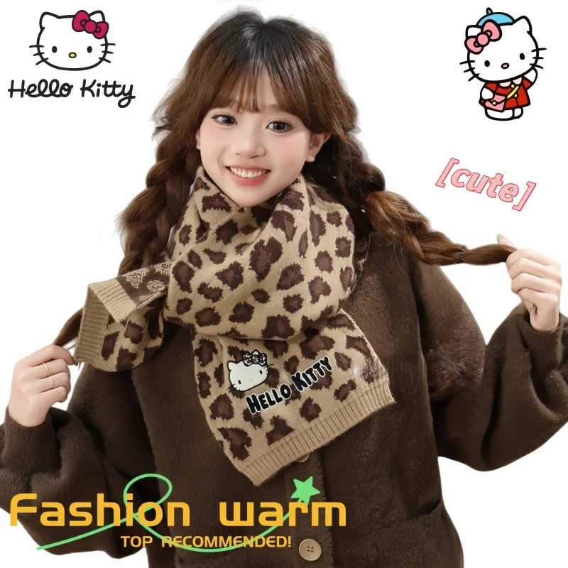 

Sanrio Hello Kitty Autumn and Winter Cute Cartoon Fashion Comfortable Warm Leopard Print Thickened Brown Scarf and Knitted Hat