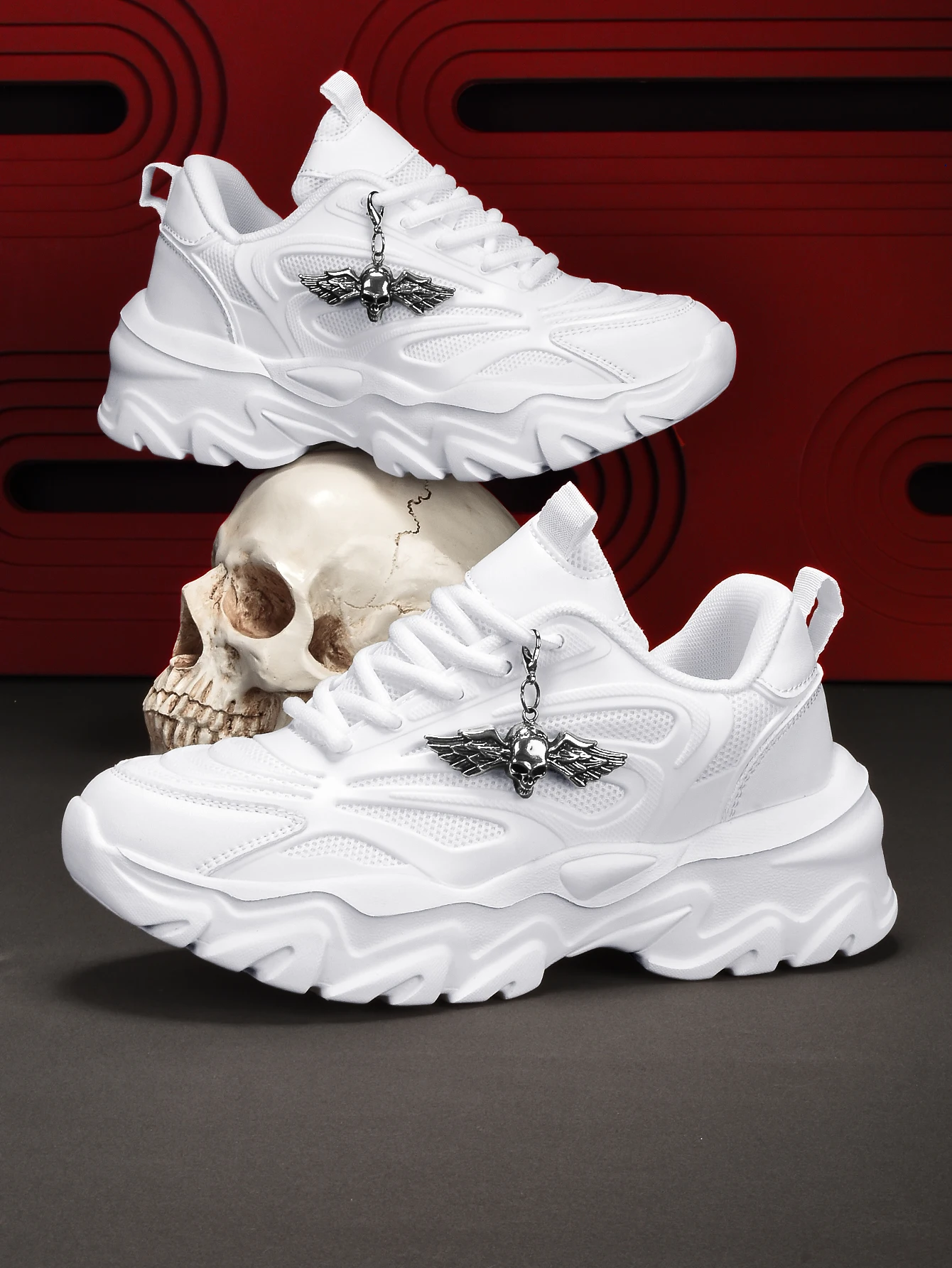 Women's Outdoor All-Season Eva Lightweight Platform Shoes with a 5cm Height Increase, Black Vulcanized Shoes, Paired with a Detachable Silver Angel Skull Chain Pendant