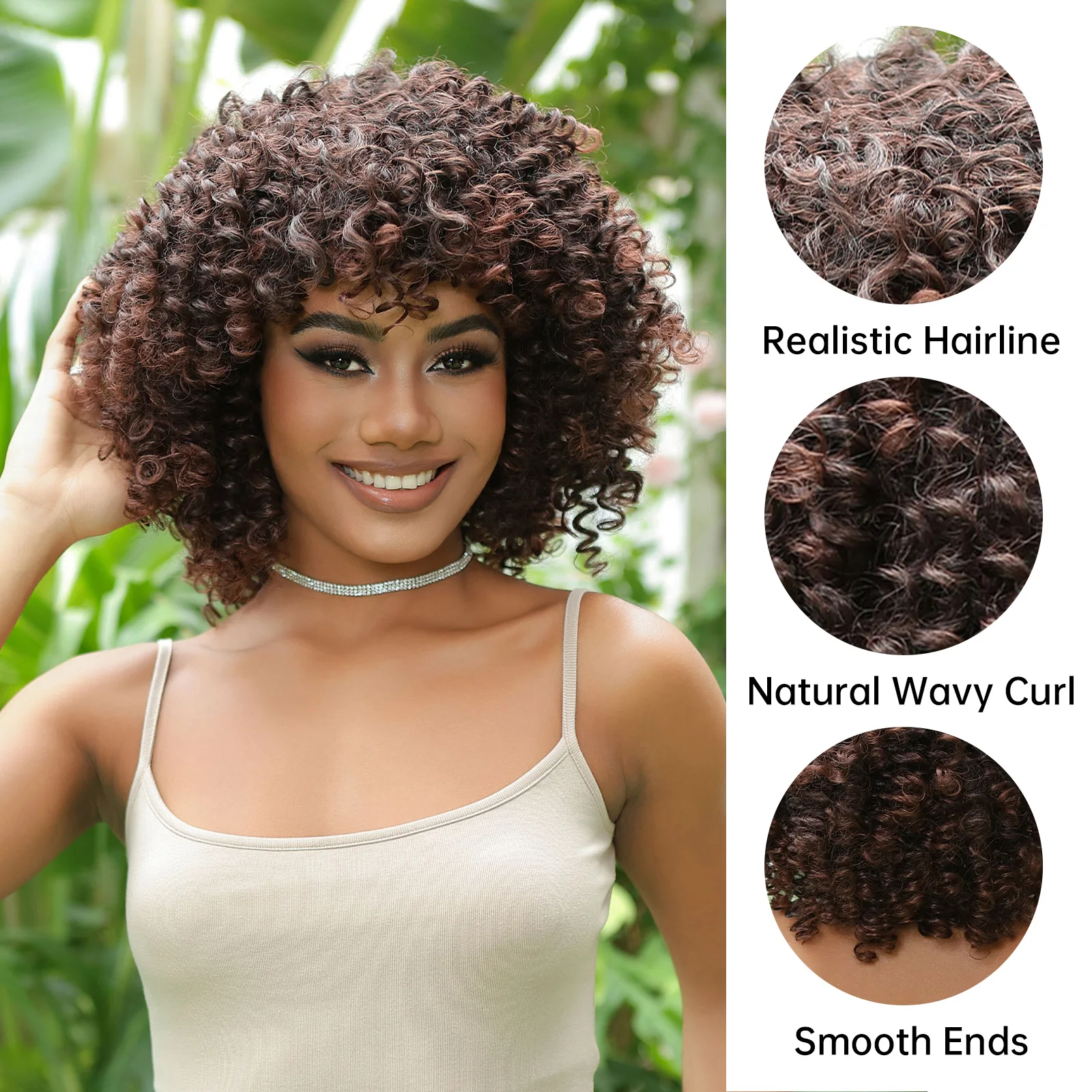 HAIRCUBE Short Reddish Brown Ombre Synthetic Wig for Black Women Curly Hair Wigs with Bangs Heat Resistant Fiber Halloween Party