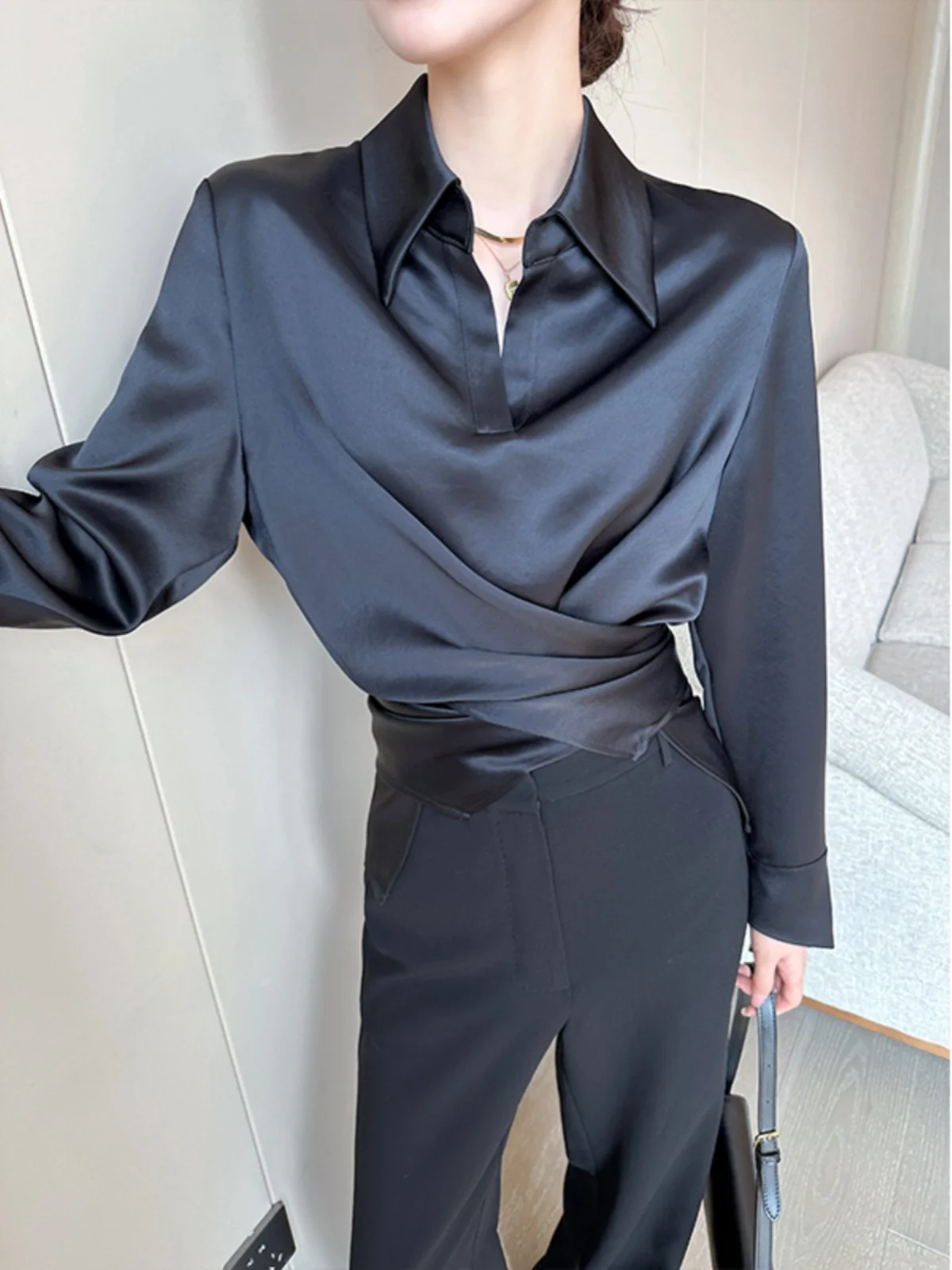 

Ele Bla атласный длинный све Ne irt женский Sle Commute Faion Slim Fit драпировка осеннее новое поступление irt