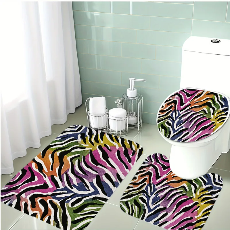 

Vibrant Zebra Print Bath Mat and Toilet Seat Cover Set Bathroom Rug Home Decor Waterproof Tropical Animal Print Luxury Bath Acce