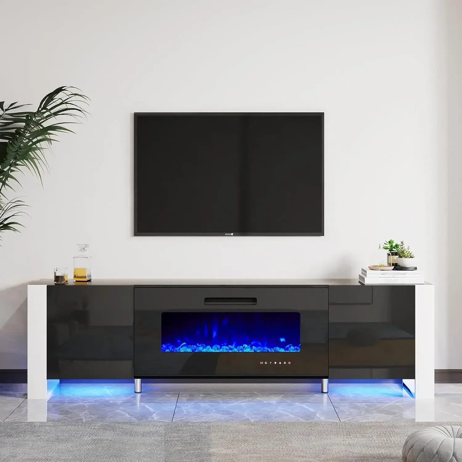 Fireplace TV Stand with 40" Fireplace, 80" Modern High Gloss Entertainment Center LED Lights