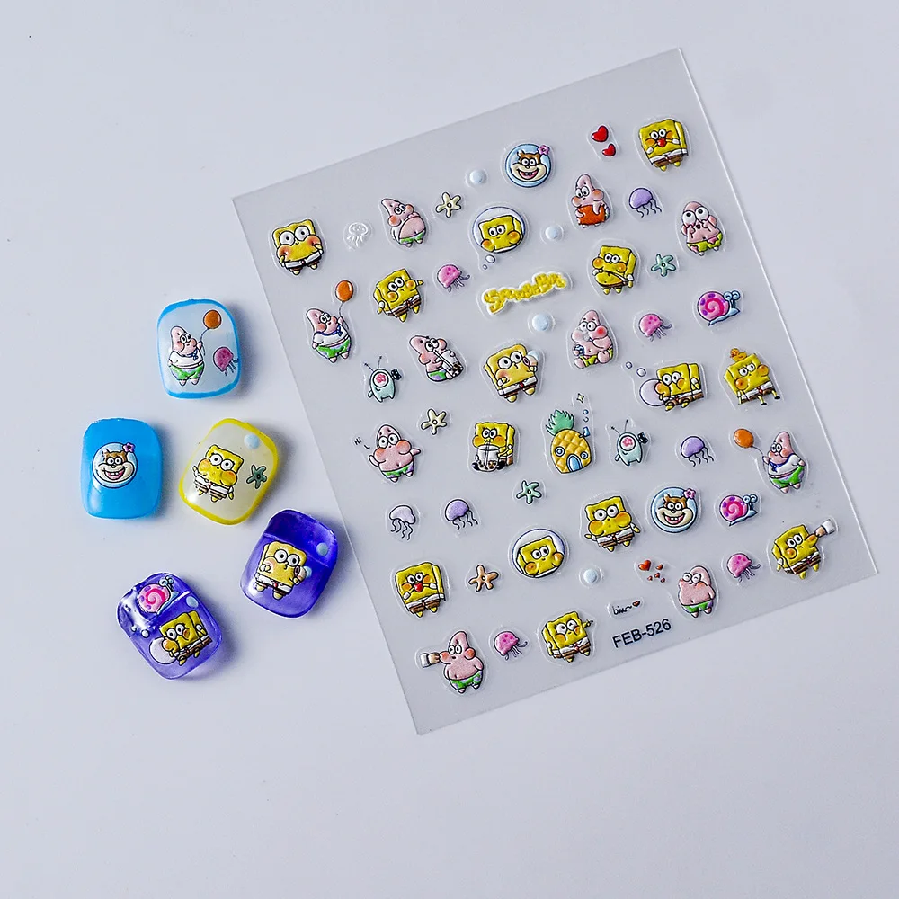 New Spongebob Squarepants Anime Cartoon Kawaii Cute Personality Nail Decoration Accessories Adhesive Back 5D Nail Stickers