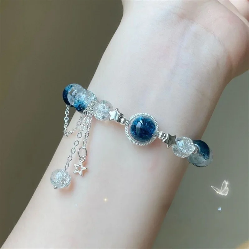 Niche Design Gradient Blue Crystal Beads Bracelet for Women Sweet Star Tassel Chain Bracelet Trendy Girl Wrist Jewelry Gifts