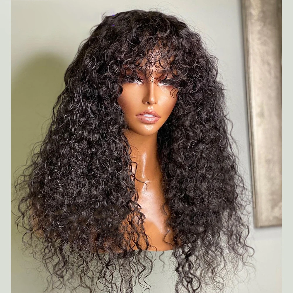 Peruca encaracolada longa preta natural para mulheres, máquina com franja, cabelo do bebê, pré-arrancado, diário, sem cola, desgaste, 26 ", 180 densidade