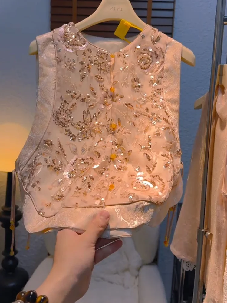 

Ele Embroidered Sequin Vest New Chinese Sle Heavy Work Summer New plus Size Slimming Top Women's Faion Casual Wear