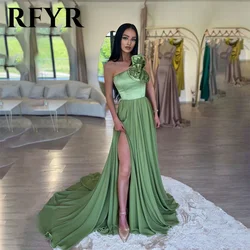 RFYR Sage Green Prom Dresses 3D Bow On Shoulder Party Dresses Chiffon Side Split vestidos de fiesta Sweep Train Formal Dresses