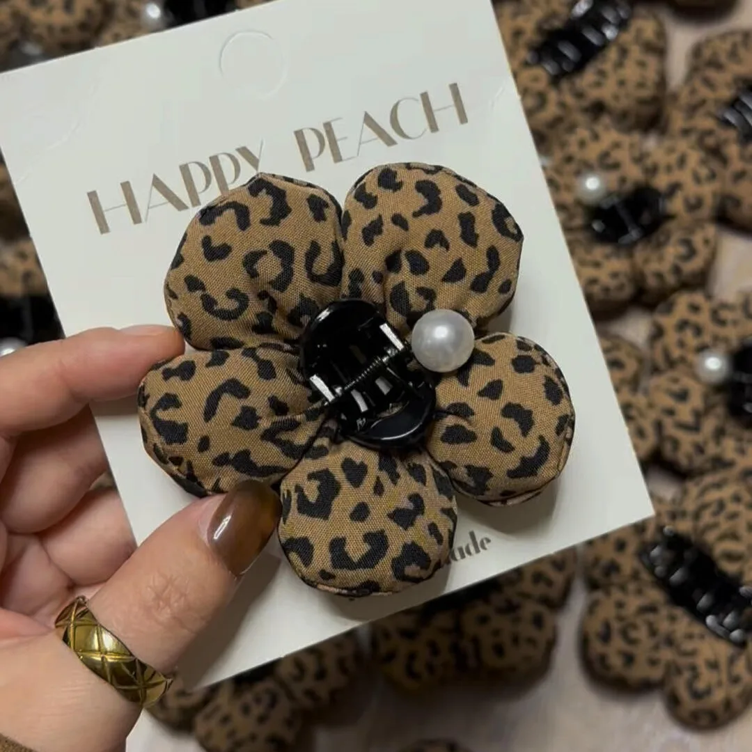 Korean sweet ripple pearl hairpin chubby leopard print flower grab clip cotton hair grab women's jewelry hair accessories