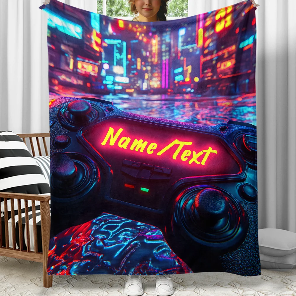 Custom name neon cyberpunk game console fleece blanket, suitable for sofa, bed, birthday, children, boys, friends, gifts