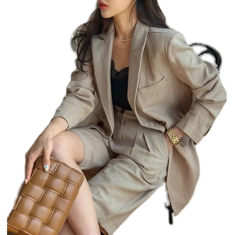 Flax Suit Women\'s Spring Summer 2023 New Casual Thin Cotton  Linen Small Blazers+shorts Two-piece Sets Comfortable Khaki Suits