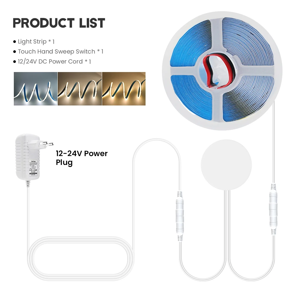 

12V 24V Touch Dimmer COB LED Strip Light Hand Sweep Induction Switch US EU Power Kit Flex 320 LEDs Tape Bedroom Kitchen Lighting