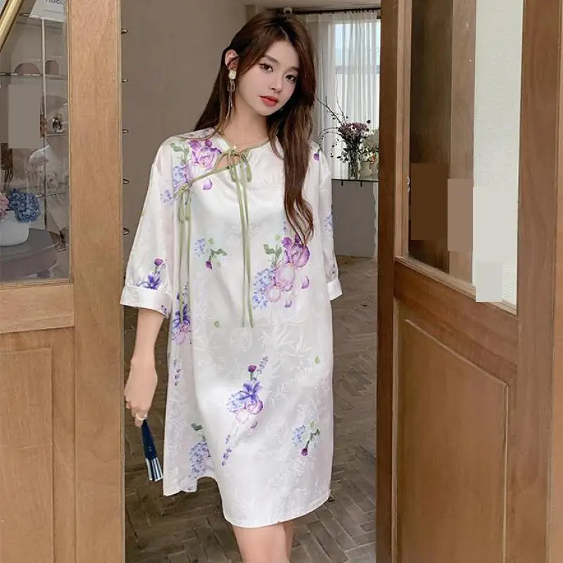 Half Sleeve Nightwear Loungewear Women Nightgown Print Lady Nightdress Sleepwear Loose Silky Satin Nighty Gown Summer Home Dress