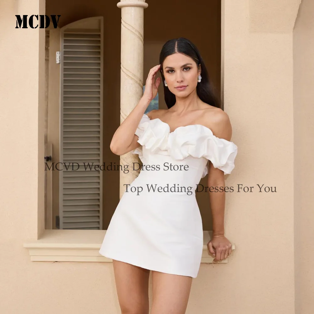 

MCDV Satin Short Wedding Dresses Flowers Off Shoulder Bride Dress Customized Above Knee Straight Backless Mini Bridal Party Gown