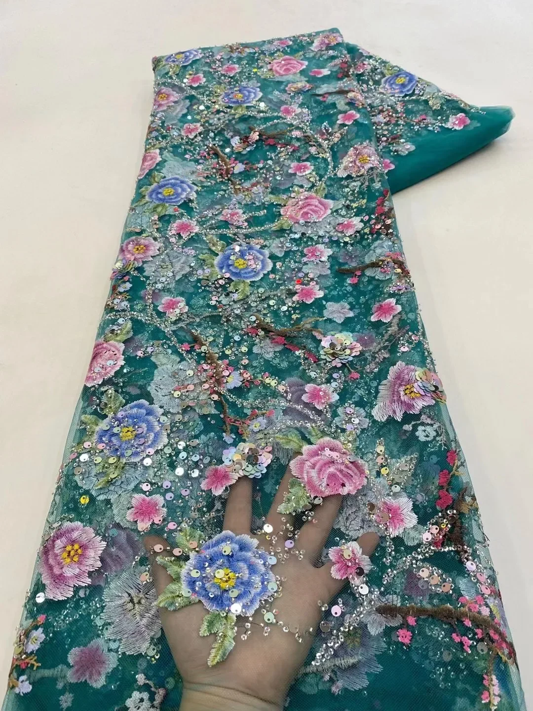 High Quality African Tulle Beaded Embroidered Groom Lace Fabric Sequins Lace Fabric for Wedding Party Dress XZ5749 image 4