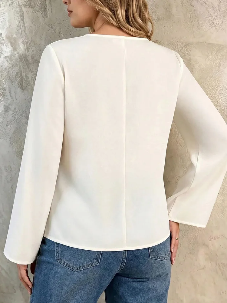 GIBSIE Plus Size Surplice Neck Contrast Lace Top Women Spring and Autumn Long Sleeve Elegant Office Ladies Tops and Blouses