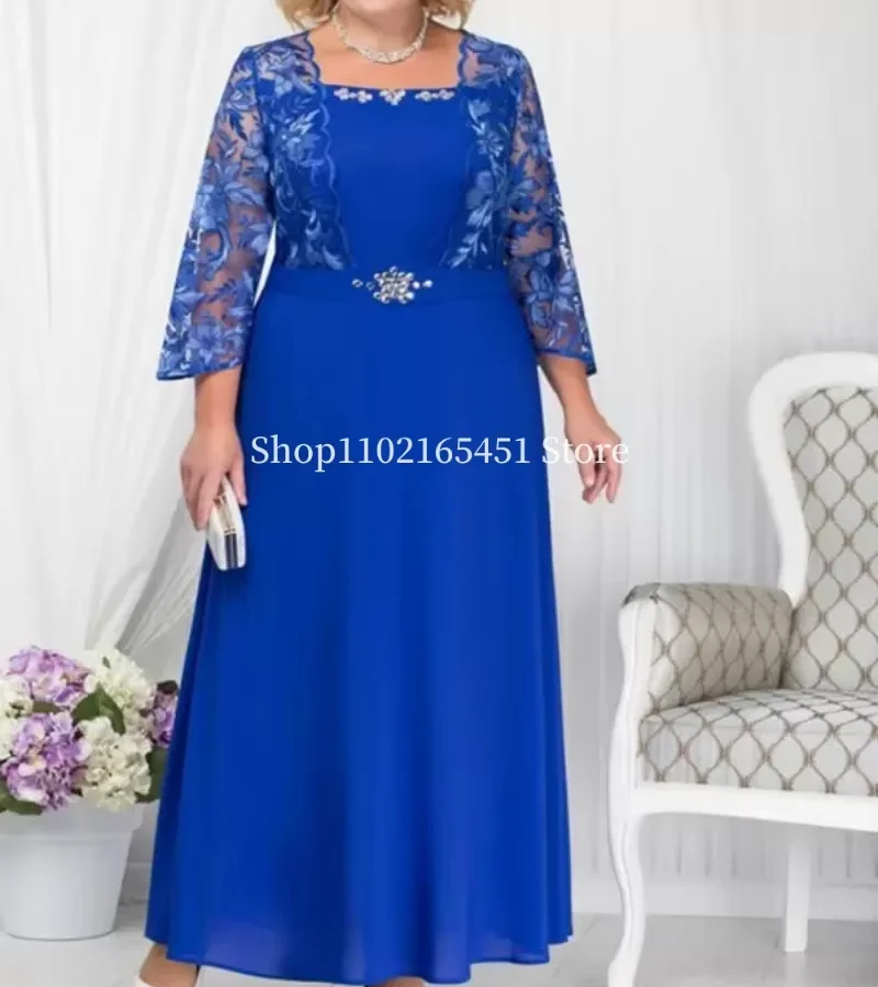 2023 Plus Size Mother Of The Bride Dresses Beaded Lace Square Neck Long Sleeves Wedding Guest Dress A Line Chiffon Evening Gowns