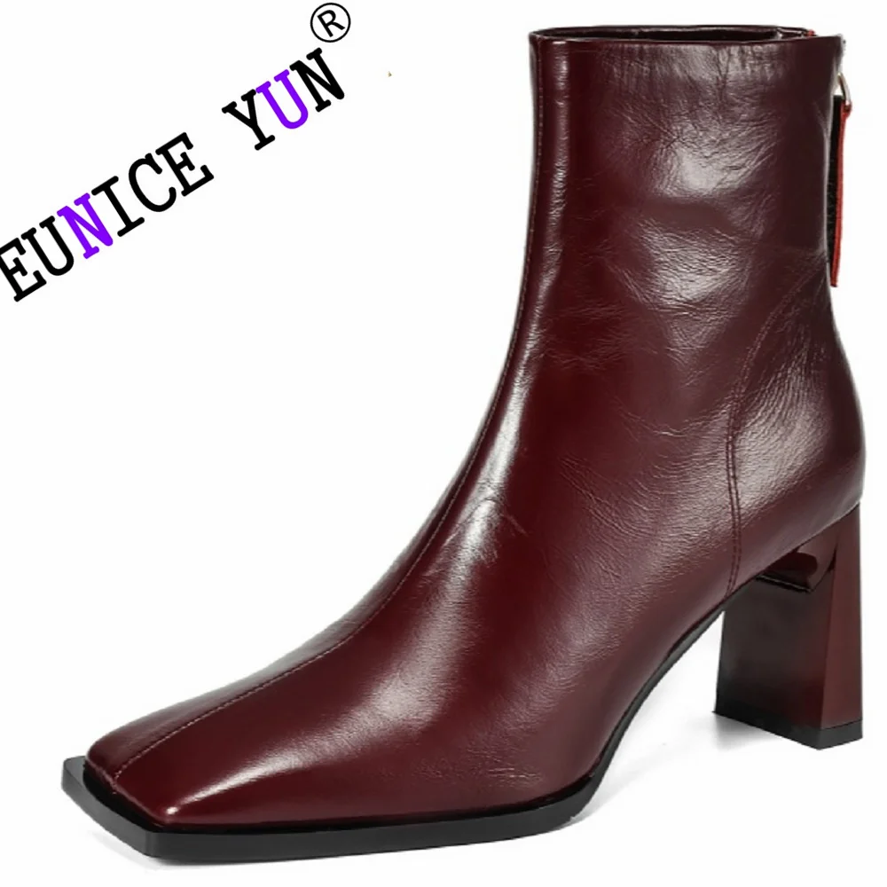 

【EUNICE YUN】Women's Handmade Genuine Leather Ankle Boots Square Toe High Heels Retro Dress Party Office Lady Shoes