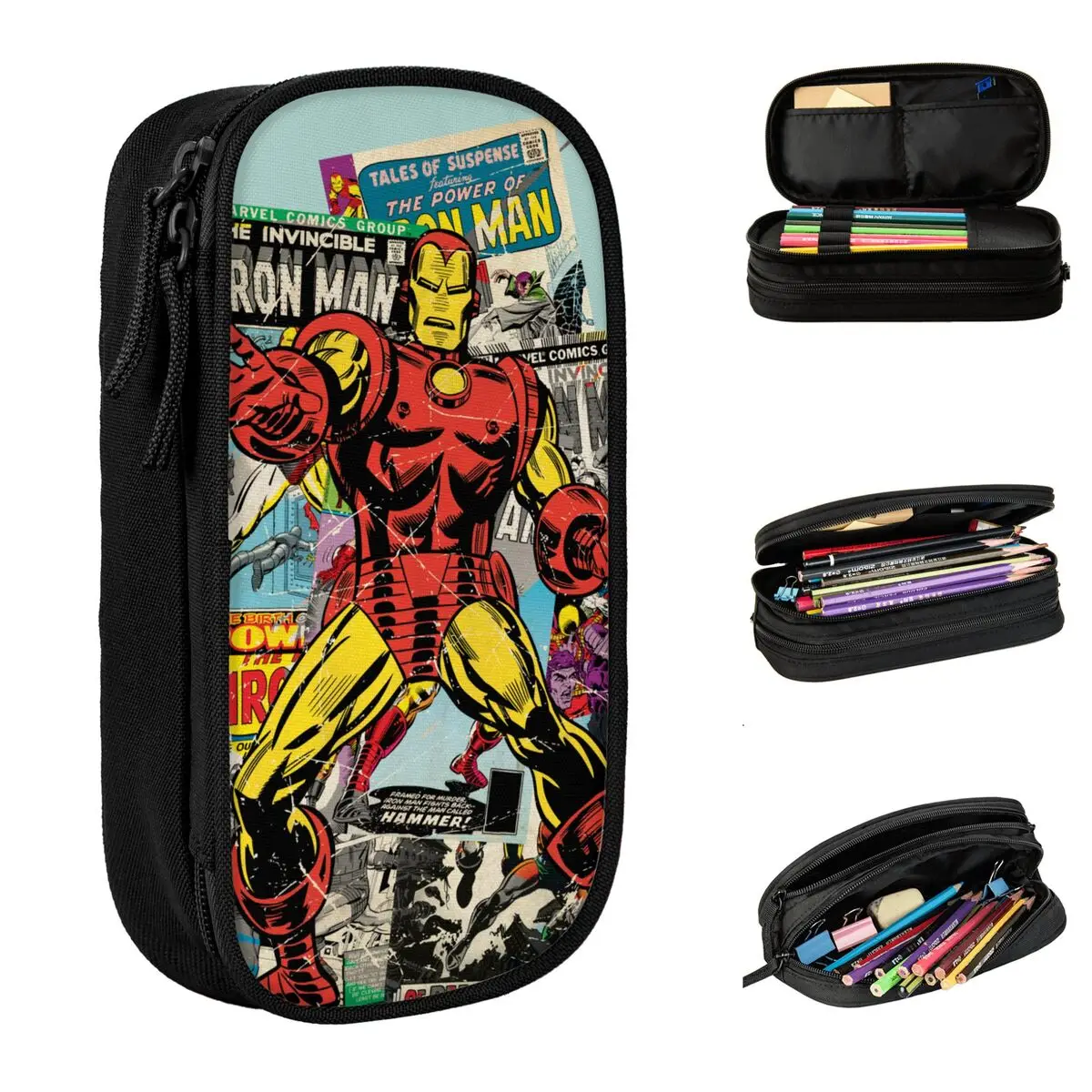 Iron Man Retro Comic Pencil Cases Classic Pen Holder Bag Student Big Capacity School Supplies Gifts Pencil Pouch