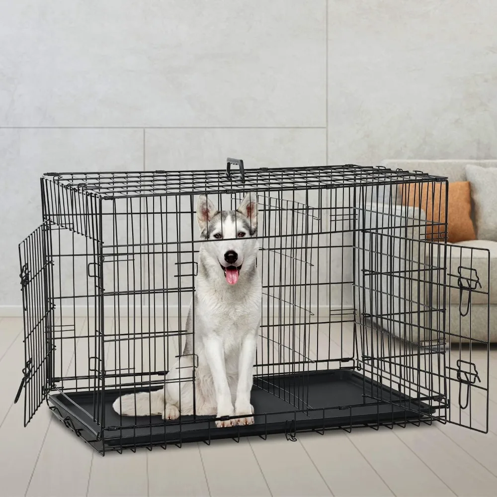 

Dog Crate for Large Medium Small Dogs, Folding Dog Kennel Cage with Plastic Tray & Divider 48"/42"/ 36"/ 30"/ 24" Indoor Outdoor