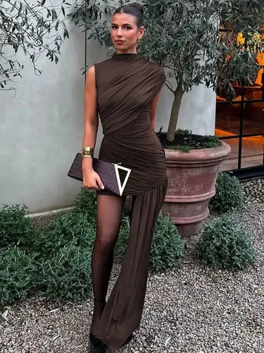 Imagen 2 del producto Minivestido Sexy drapeado Irregular fruncido para mujer, vestido de fiesta ajustado plisado sin mangas con cuello alto, vestidos de playa para vacaciones para mujer