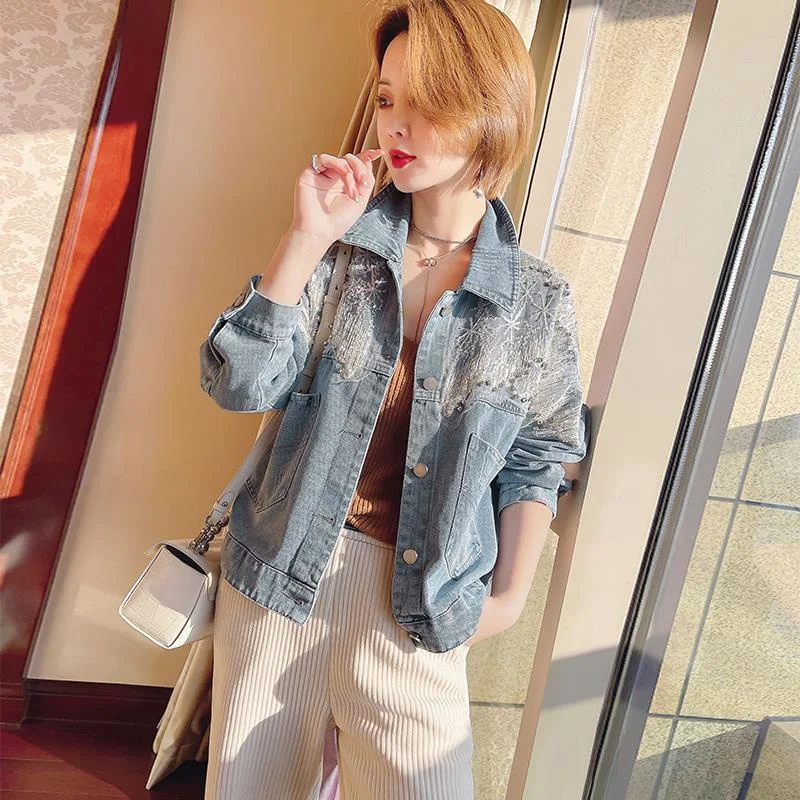 2024 Spring And Autumn Denim Jacket Women's Short Fashion Casual Heavy Industry Hot Pressed Diamond Mesh Sequin Long Sleeved Top