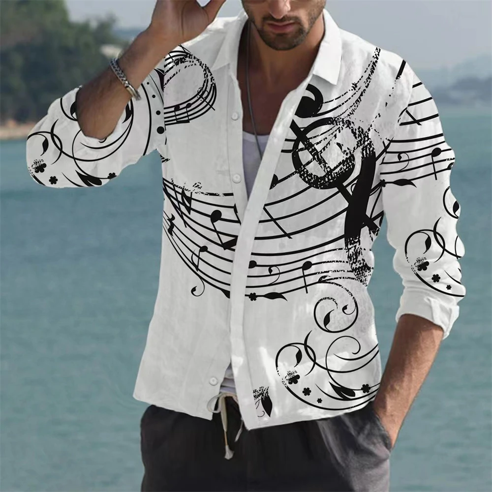 Popular long-sleeved men\'s shirt casual shirt musical note 3D printing extra large size 6XL