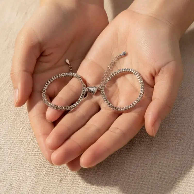1Pcs Love Heart Alloy Magnetic Stone Bracelet Pair, Simple Couple's Versatile Jewelry Accessories