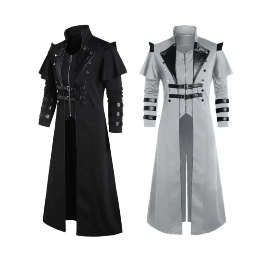 

Halloween Vintage Medieval Steampunk Elves Pirate Costume Adult Men Black Long Split Jacket Gothic Armor Leather Coats
