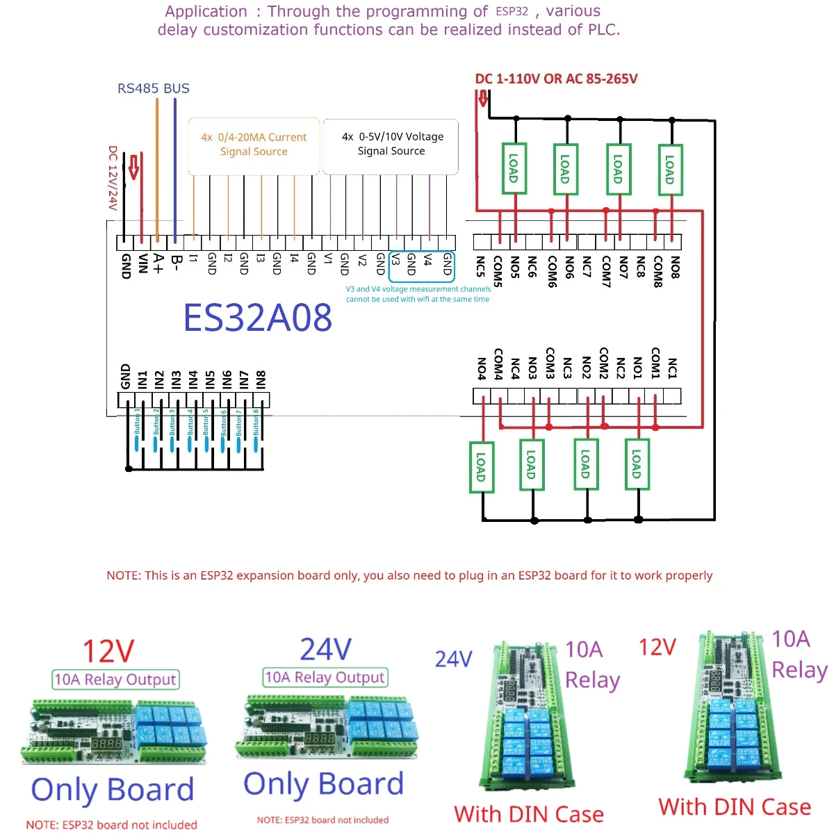 

DC 12V 24V 8AI-8DI-8DO ESP-WROOM-32 ESP32 Expansion Board RS485 4-20MA 0-5V 0-10V Analog Collection Wifi Relay Switch DIY