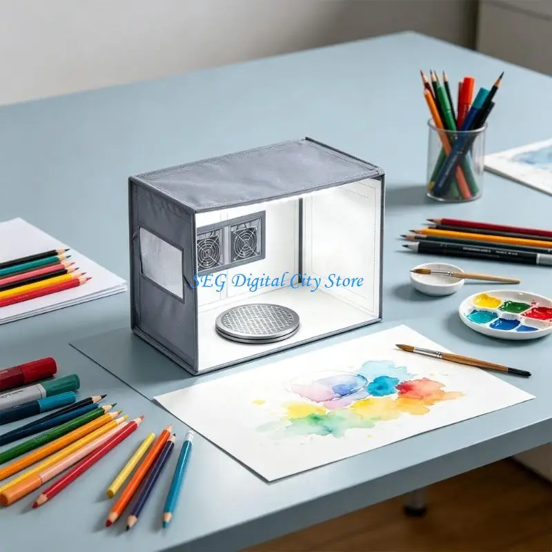U75B Portable Paint Booth for Home Hobby Desk Use, Open Front Booth with Rotating Turntable, Foldable Gray 110V Option for