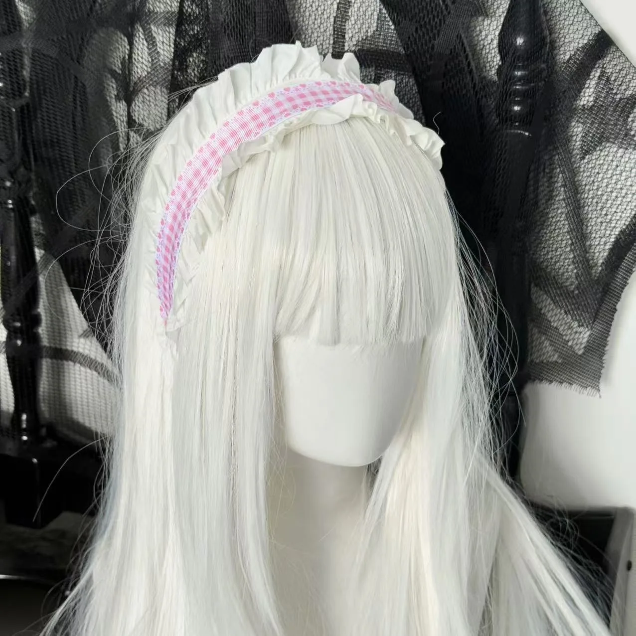 1Pcs Frauen Süße Spitze Herz-förmigen Grid Muster Lolita Stirnband Kopfschmuck Maid Cosplay Haar Zubehör Headwear Kopfschmuck