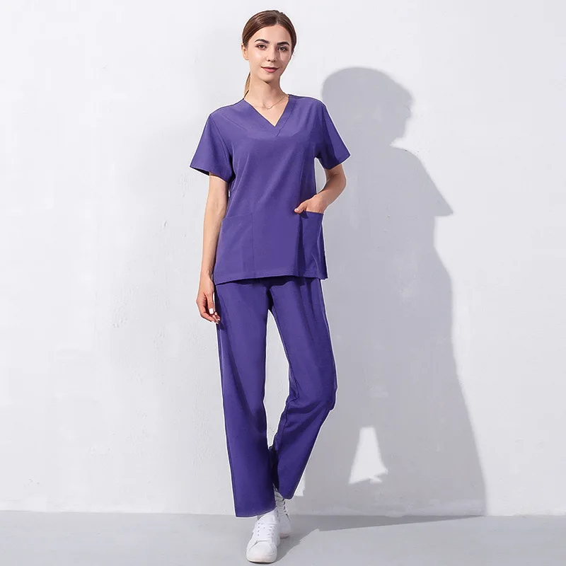 Nieuwe Aankomst Huisdierenziekenhuis Uniform Scrub Suits Effen Kleur Unisex Chirurgische Jurk Zak V-Hals Scrubs Set Voor Vrouwen Joggingbroek