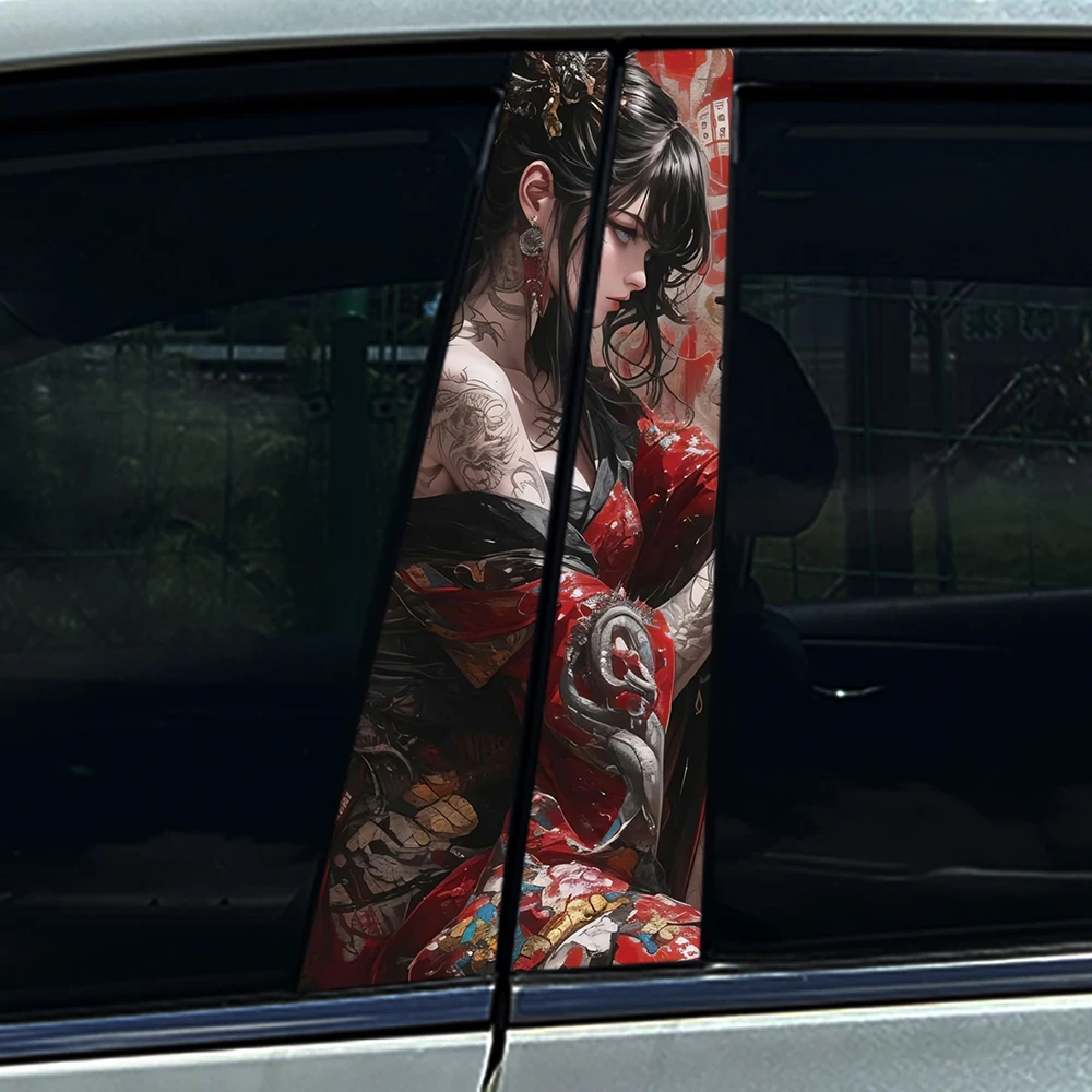 

2PCS Red Kimono Snake Tattoo Girl Car B Pillar Sticker, Waterproof Vinyl Decal, Japanese Geisha Warrior Window Decor