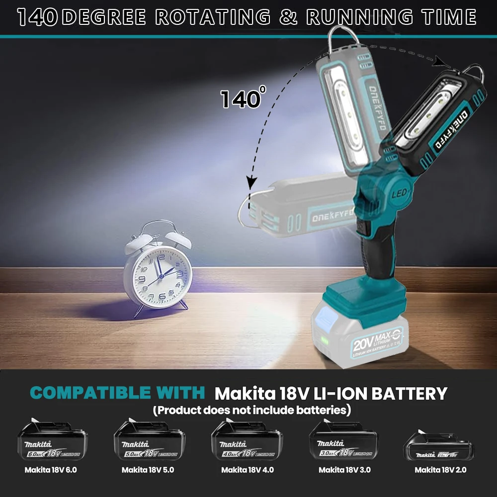 ONEKFYFD Cordless LED Work Light Two Levels Adjustable Portable 140 Degree Rotating Wide-angle Lighting for Makita 18V Battery