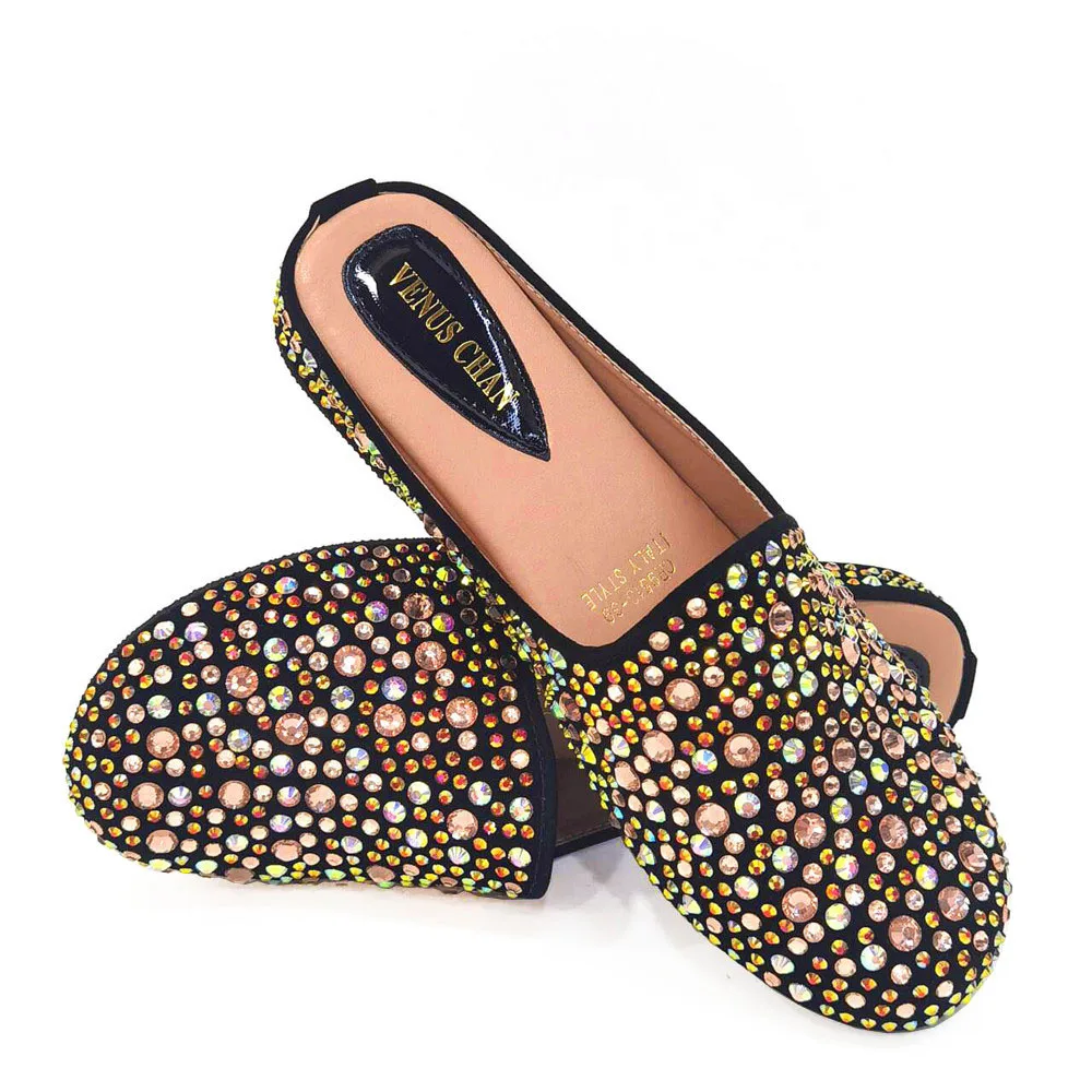 

Elegant 2024 New Top Italian Designer Round Toe Colorful Shiny Diamonds Half Drag Baotou Shoes Summer Party Women's Flat