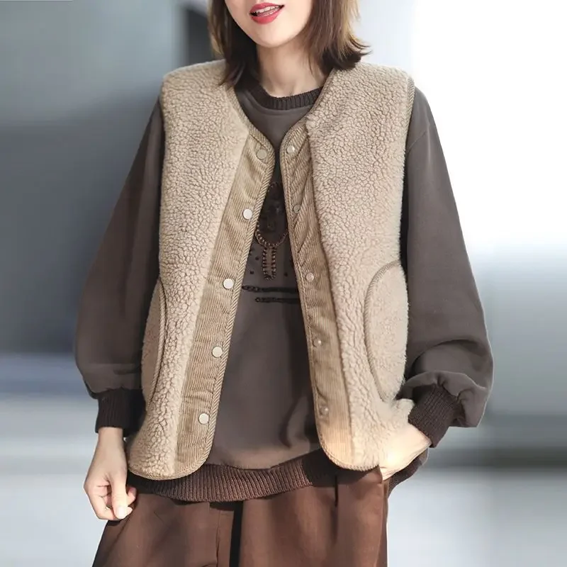 

Splicing Lamb Plush Waistcoat Woman Warm Clothes Fashion 2024 Cold Sleeveless Vest for Women Pretty New Outerwear Insulated