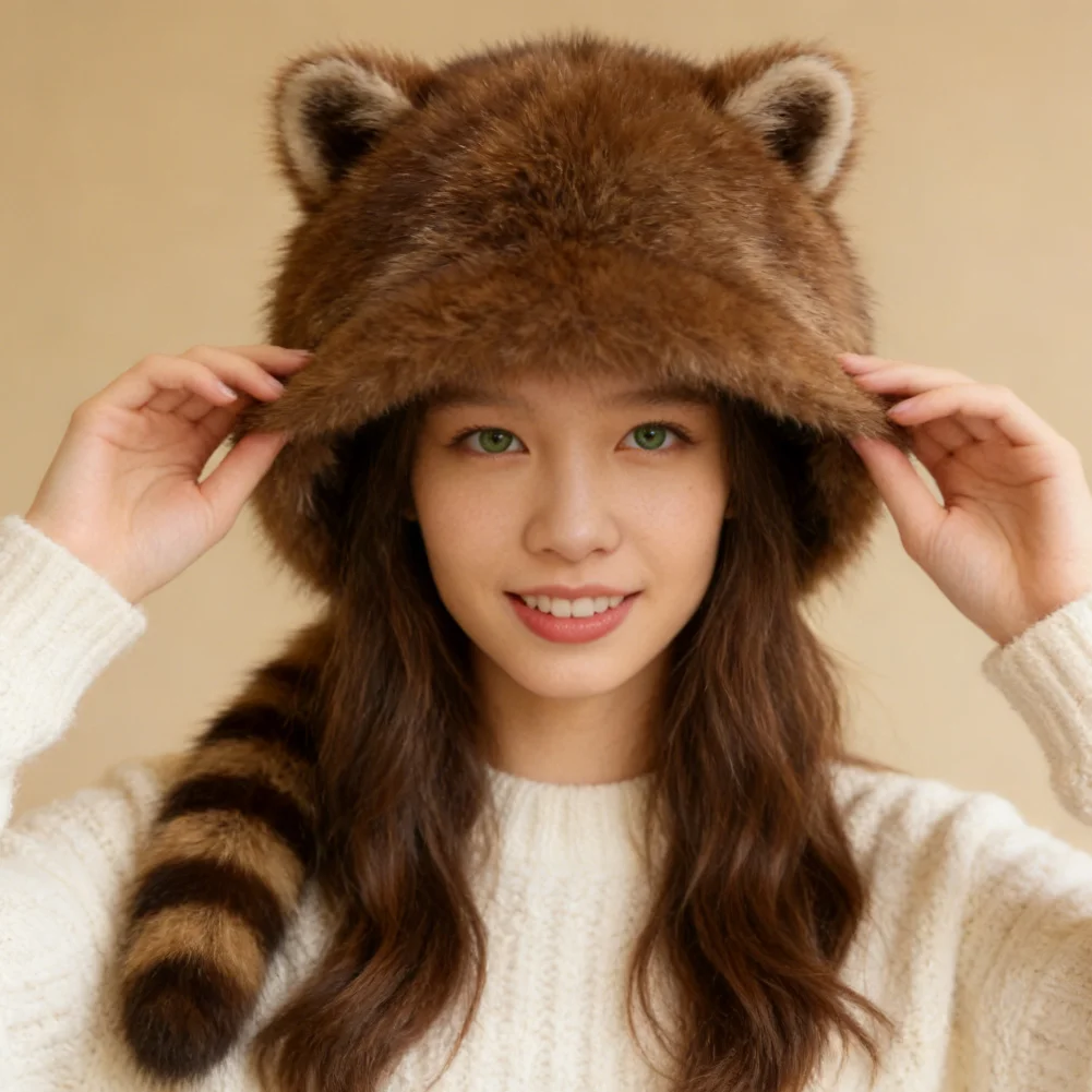 Plush Raccoon Fur Cap Tail Women Natural Raccoon Fur Caps Hats for Adult/Child Winter Thick Warm Ears Fashion Warm Hat