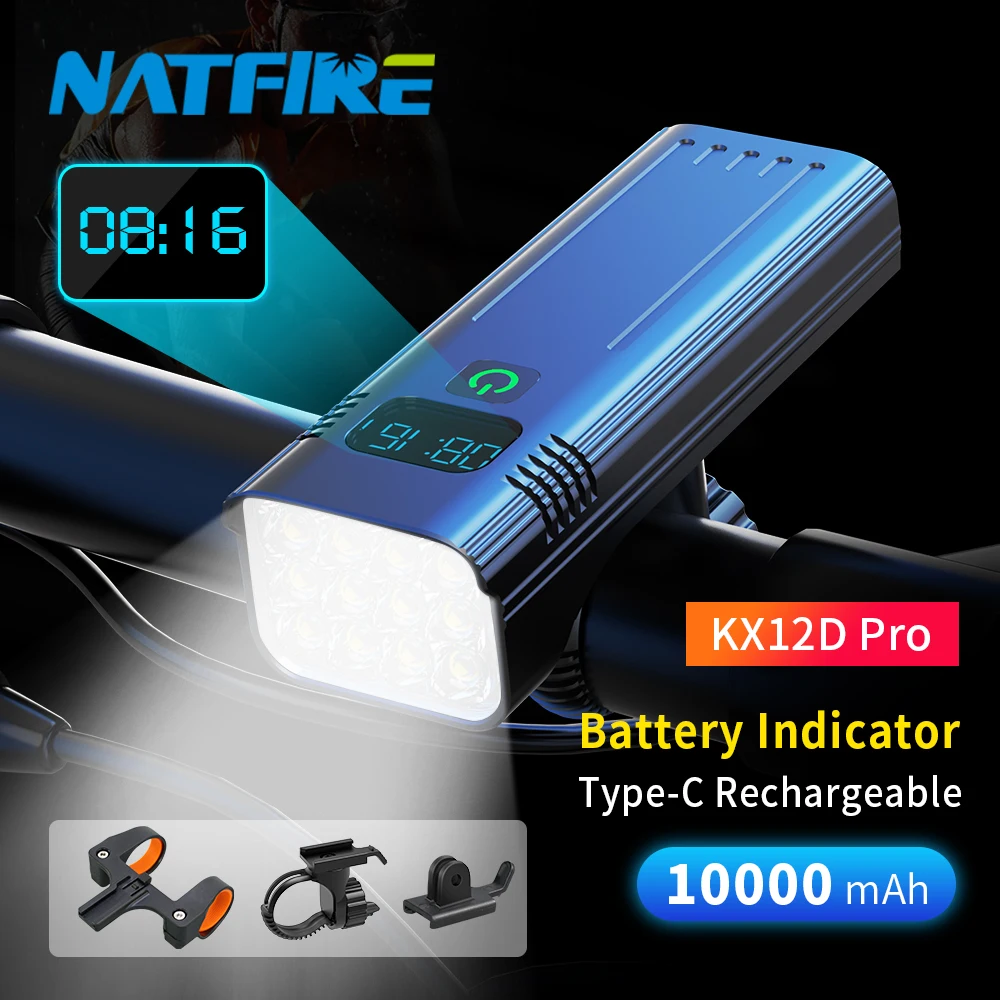 10000mAh Lampka rowerowa 12 diod LED Typ-C Cyfrowy wskaźnik poziomu baterii Zestaw lamp rowerowych ładowanych przez USB z 3 uchwytami Latarka