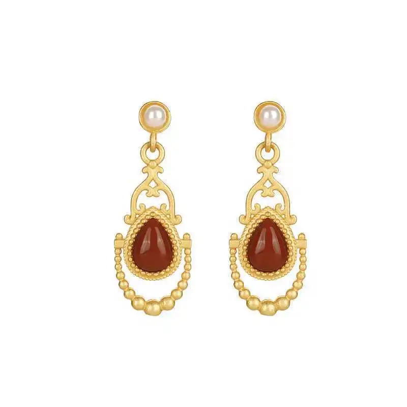 Light luxury southern red tourmaline water drops earings for women exquisite pearl inlaid Ear Studs palace style jewelry