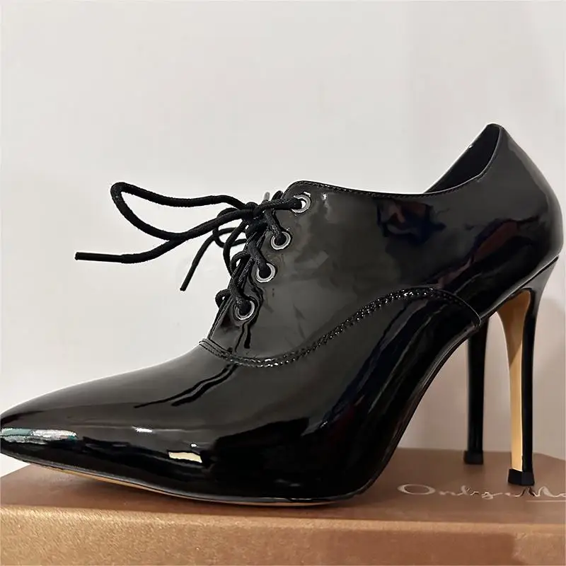 Onlymaker  Women  Pointed Toe Sexy 10CM High Heel Lace-up Stiletto Black Patent Leather Black Sole  Boots