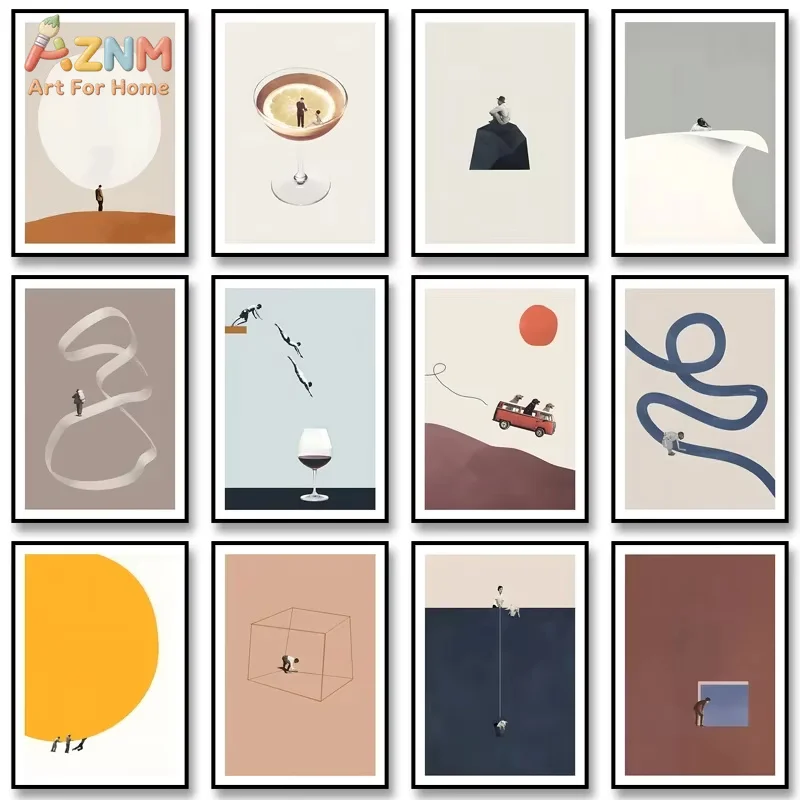 AZNM Surreal Minimalist Canvas Print Abstract Figure Wine Glass Mountain Curve Sun Neutral Earth Tone Modern Living Room Gallery